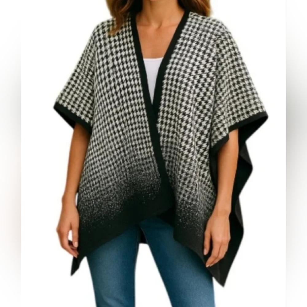 NWT Nicole Miller Houndstooth Poncho Shrug Wrap - One Size Fits Most- Black/Gray